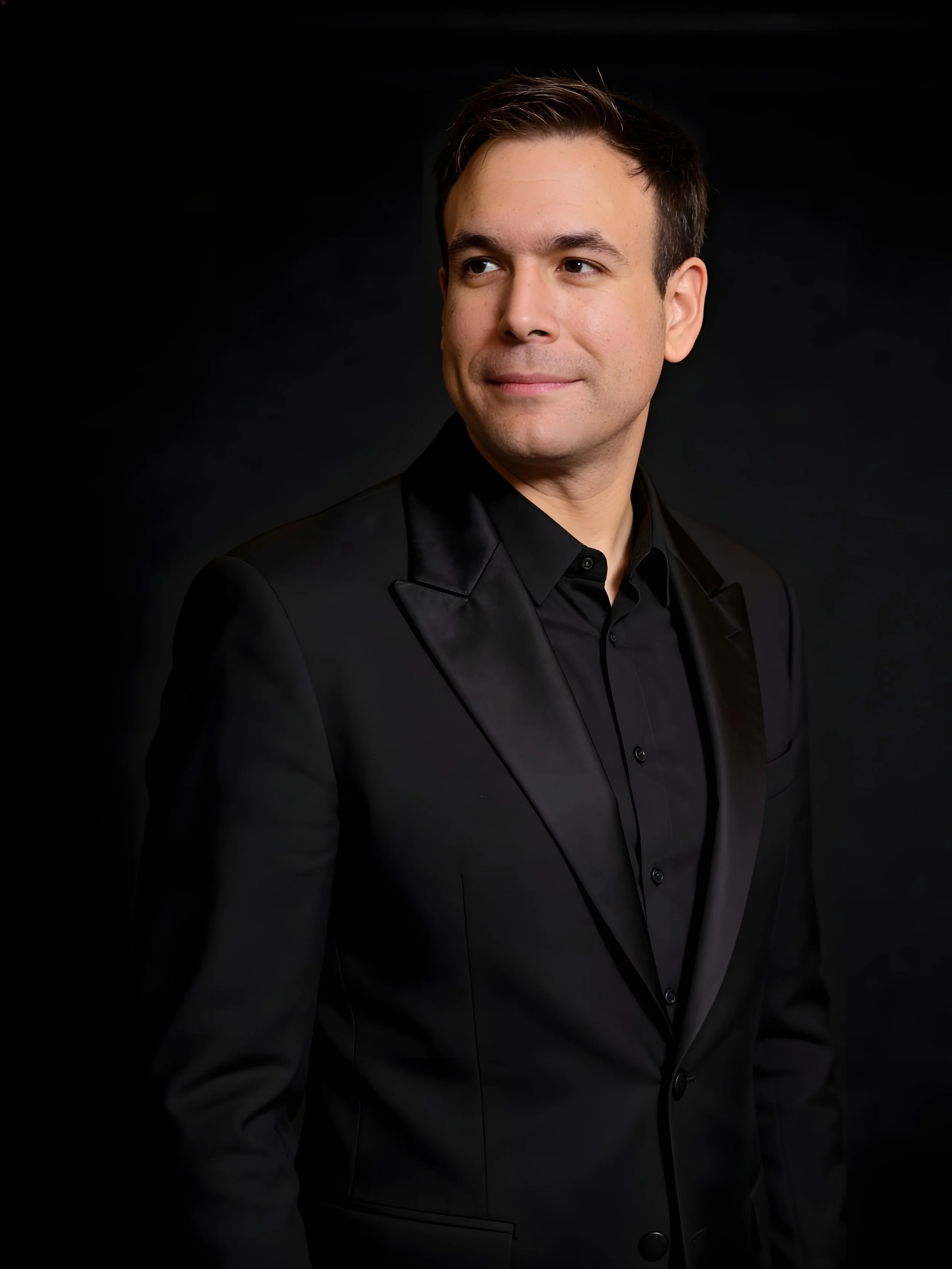 A portrait of a smiling man, a dark button-up shirt, and a blazer, against a black background.