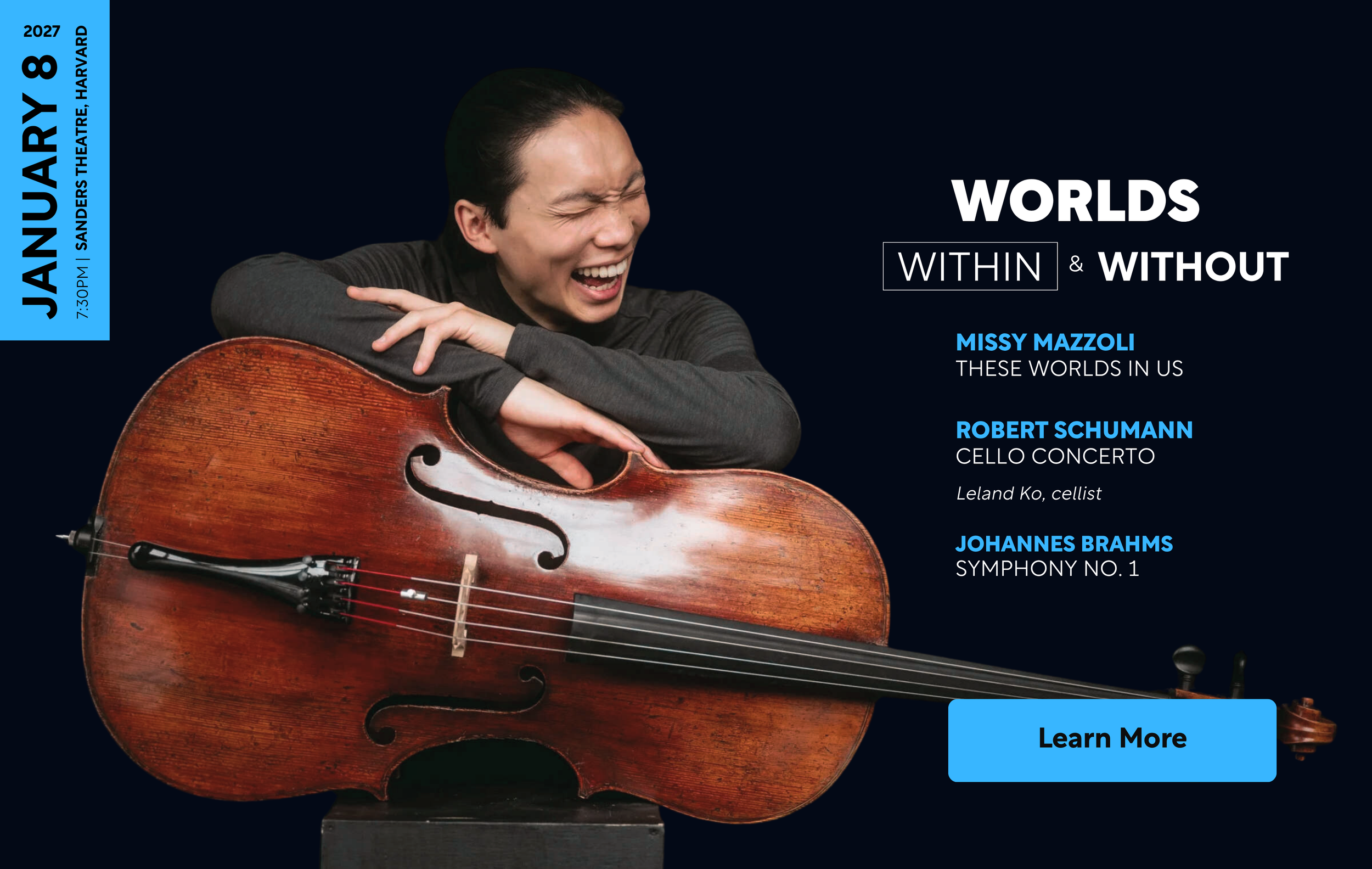 A cellist laughing while posing with his cello