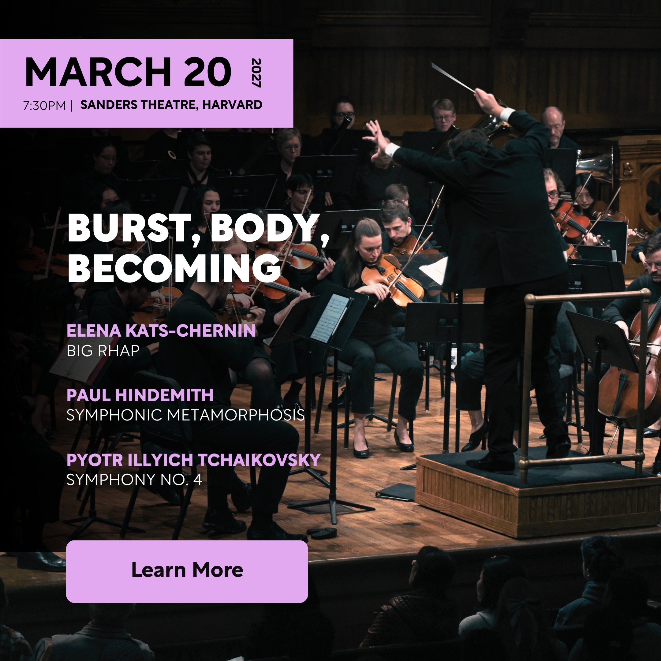 A conductor standing with his orchestra, both hands raised with his baton in the air