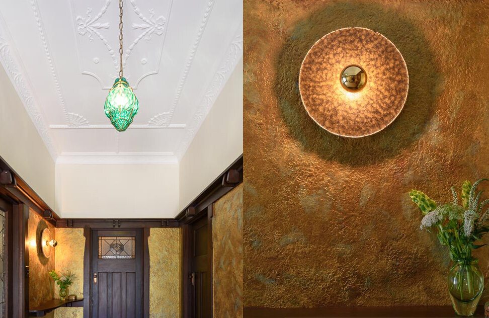 Left: Original emerald glass light fitting. Right: Custom bluestone light created by Ash Allen. Image: VSTYLE