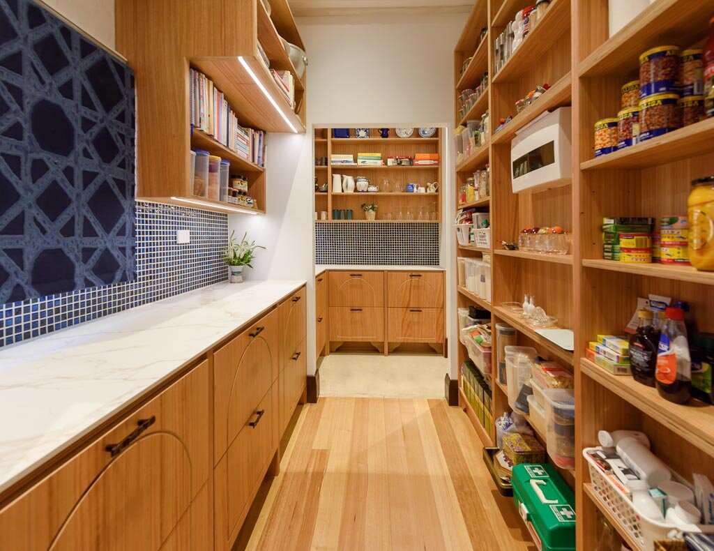 Walk in pantry with open shelving allows for easy accessibility. Image: VSTYLE
