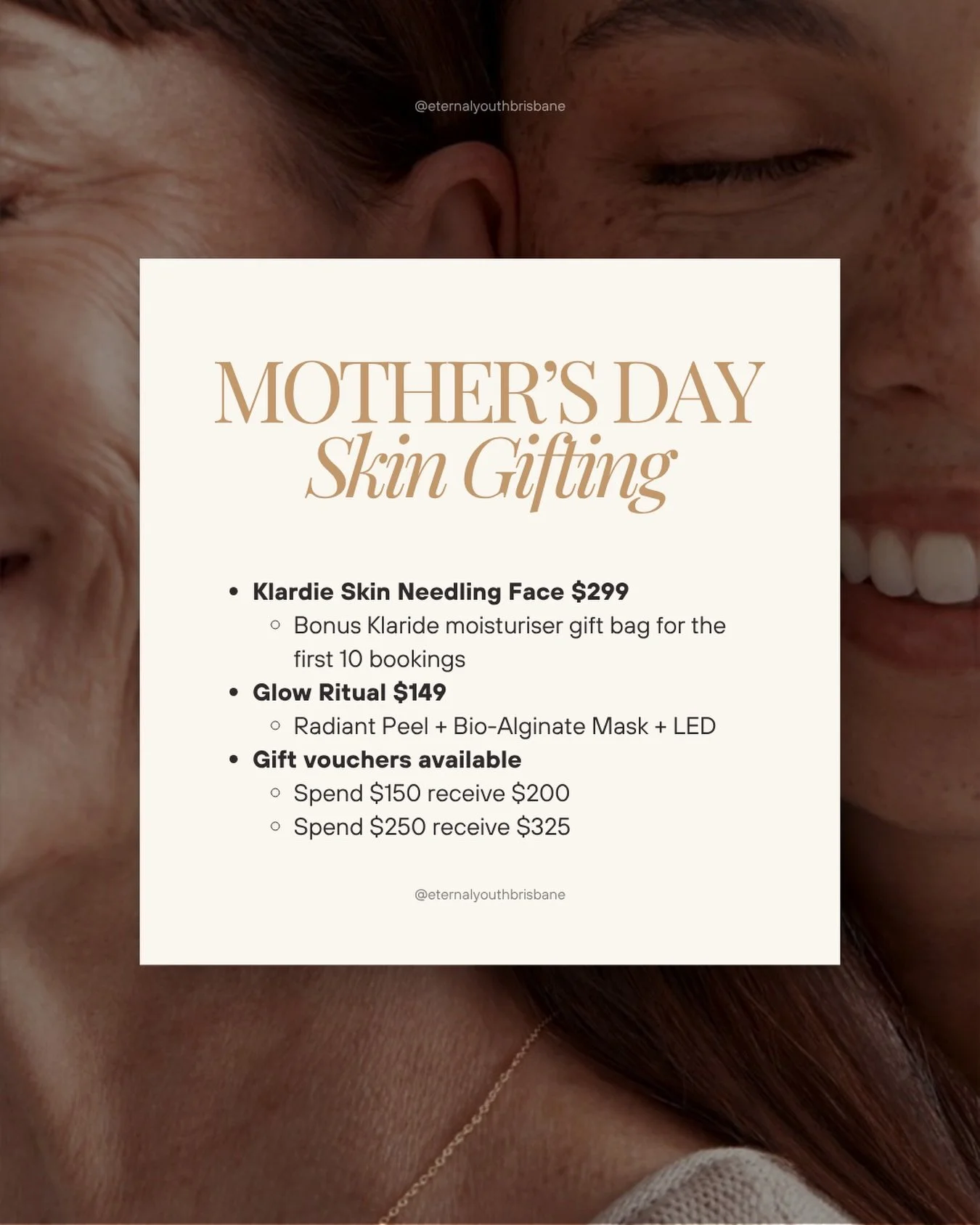 Mother&rsquo;s Day Skin Gifting is here, with two simple options.
Skin Needling Face $299
Bonus moisturiser gift bag for the first 10 bookings

Glow Ritual $149
Radiant Peel + Synergie Bio-Alginate Mask + LED
Optional take-home hydrating mask $20

Gi
