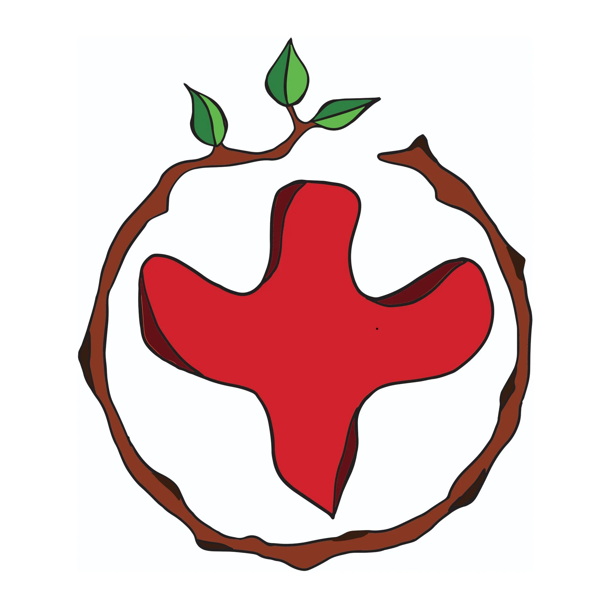 A stylized logo featuring a red cross inside a circular brown branch with green leaves on top.