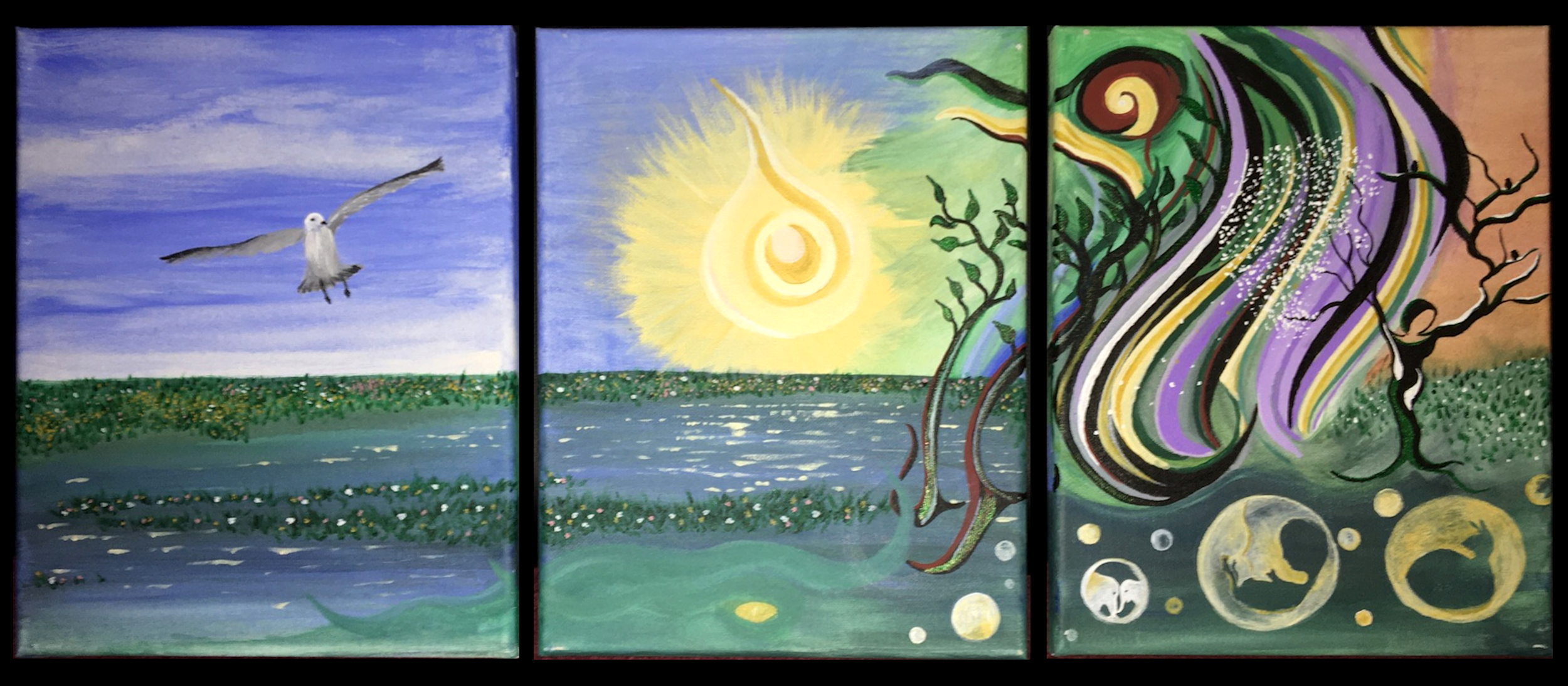 Three-panel painting depicting nature and abstract elements. The left panel shows a landscape with a water body, green marshland, and a bird flying in a blue sky with clouds. The middle panel features a bright yellow sun or celestial body over water with a swirling symbol or design. The right panel contains abstract, swirling shapes in purple, green, yellow, and black, with leafless trees, circular moon or planet shapes, and crystal-like details.