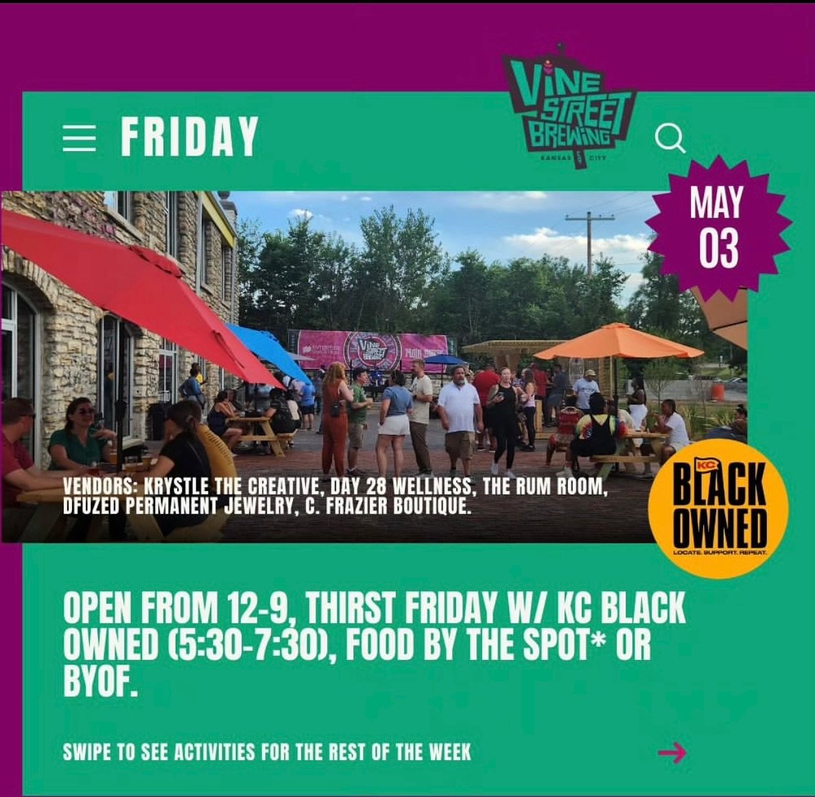 See you this First Friday at @vinestbrewingco ! We will have vendors, fun a games! Oh, don&rsquo;t forget your brew!! 

@therumroomllc @day28wellness @dayonnenecole @dfuzedkc @krystal.the.creative