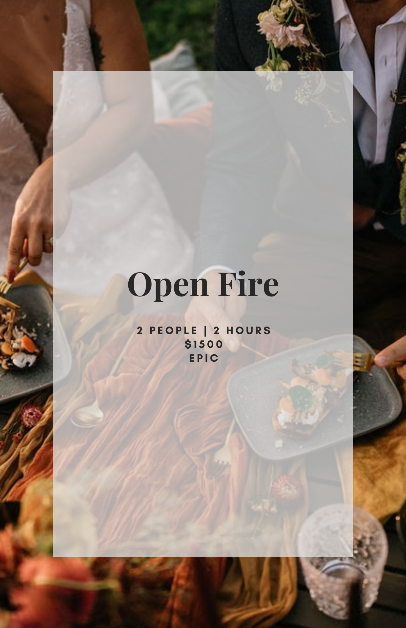 Styled open-fire luxury picnic experience for two in Asheville featuring elevated plated dishes, rich seasonal tones, and romantic outdoor dining ambiance.