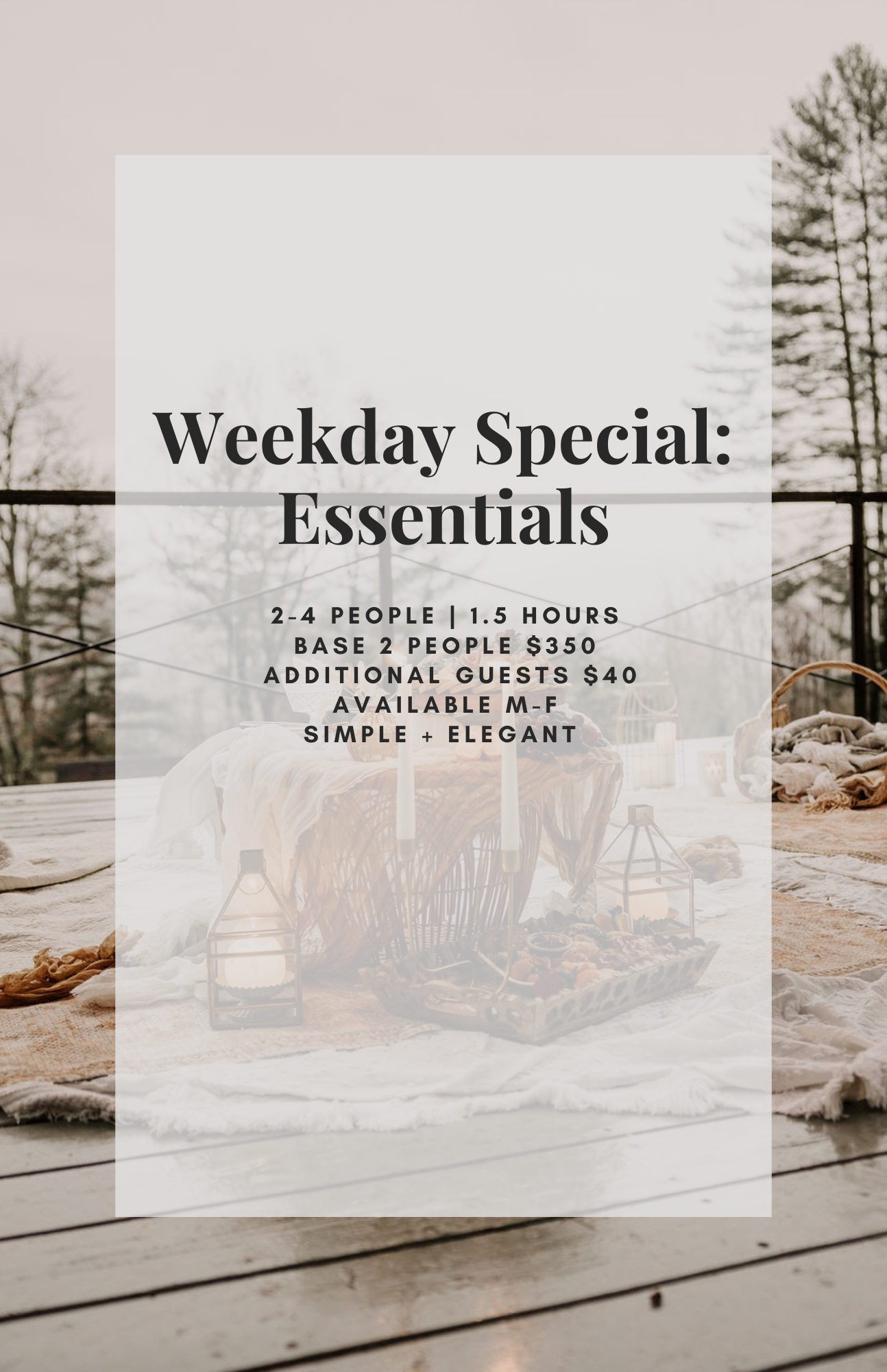 Weekday Essentials luxury picnic package in Asheville NC featuring simple elegant decor for 2 to 4 guests