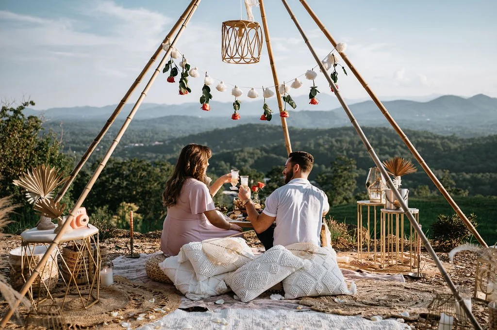 Luxury picnic in Asheville featuring bamboo quinquepod backdrop with mountain views, styled for romantic proposals and elopements.