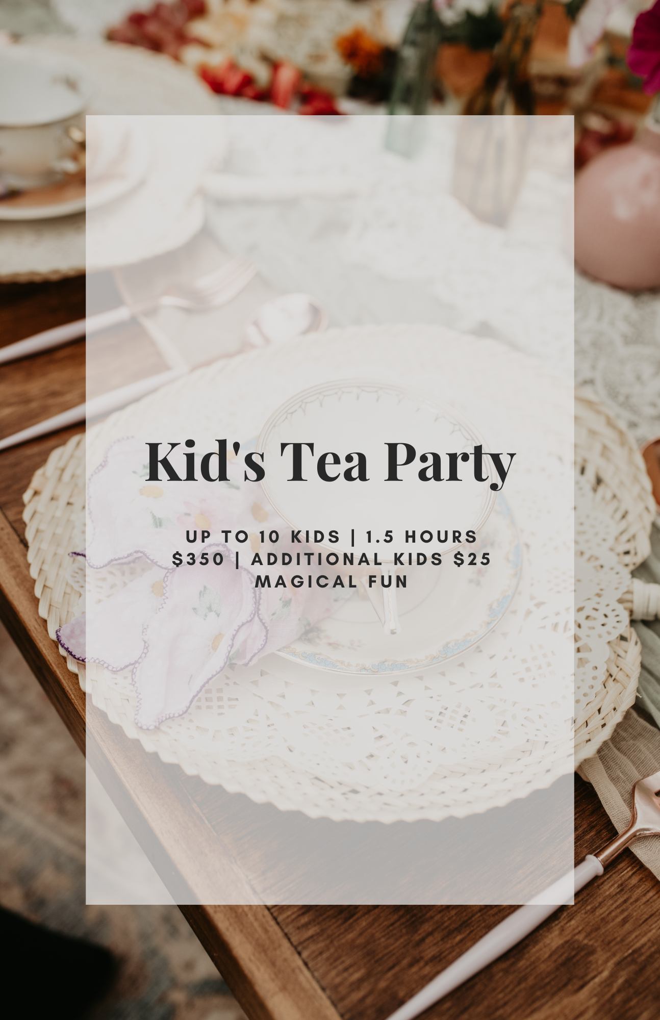 Kid’s Tea Party package by Asheville Luxury Picnics featuring styled low tables, whimsical decor, and magical birthday party setup for children.