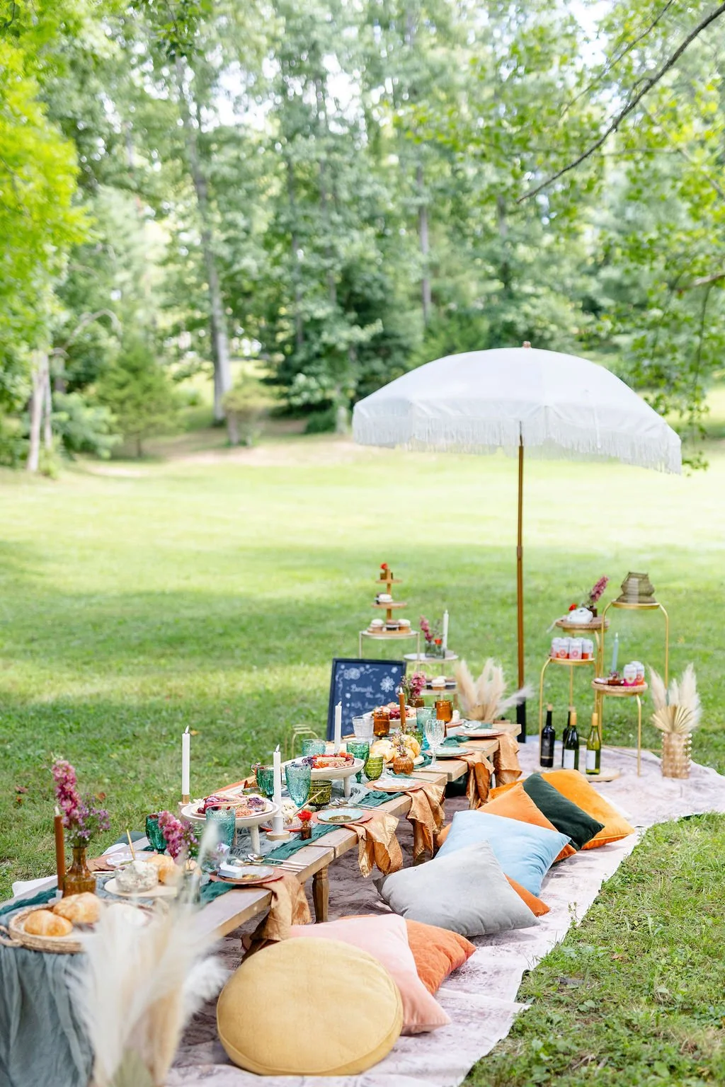 All-inclusive luxury picnic setup in Asheville featuring layered rugs, low wooden tables, charcuterie boards, premium florals, goblets, and elegant outdoor styling.