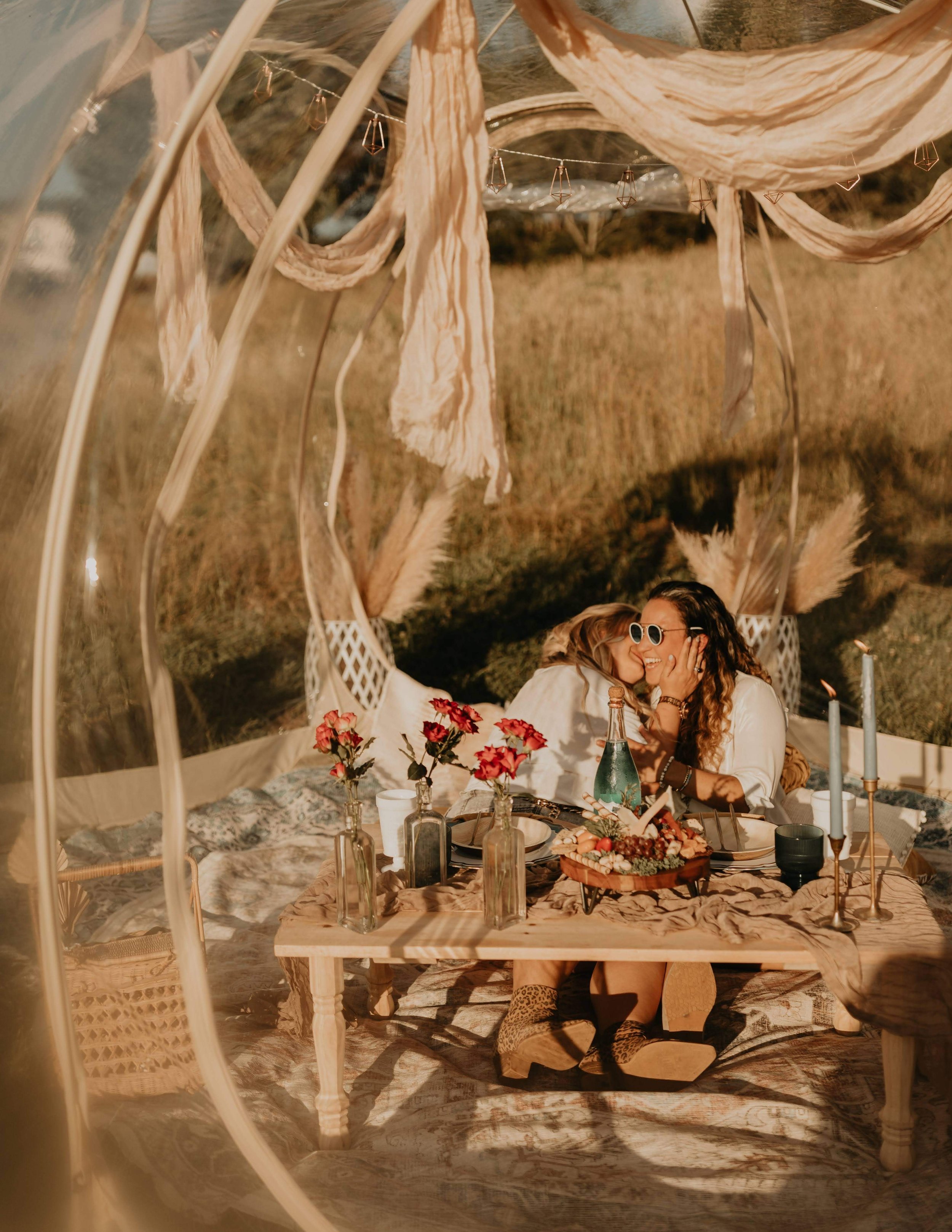 Romantic bubble tent picnic setup with champagne and charcuterie in Asheville North Carolina