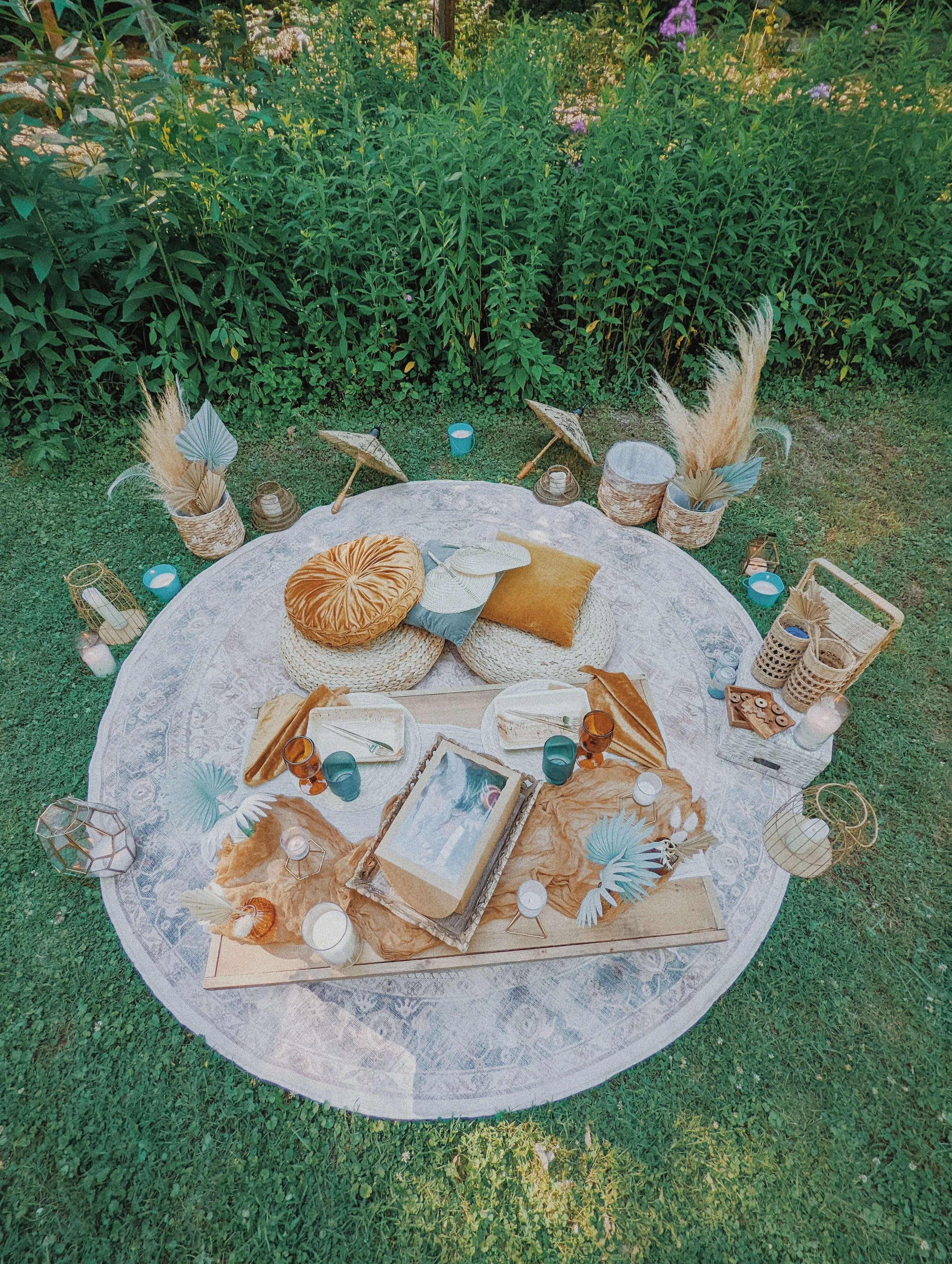 Overhead view of a styled outdoor picnic setup with rugs, pillows, and charcuterie in Asheville North Carolina