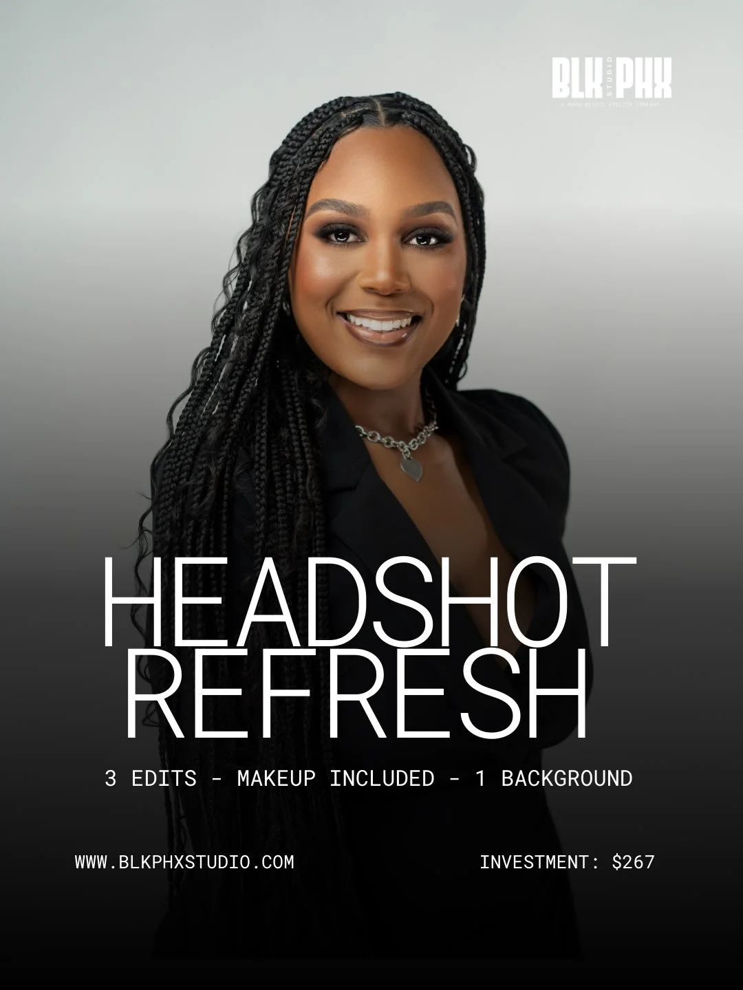 March Spring Refresh: Headshots + makeup + 3 edits + 1 background of your choice &mdash; all for $267. Promotion rate ends 3.31.26 before rate increases to $297. 

Your future clients, employers and opportunities are already looking. Make sure what t