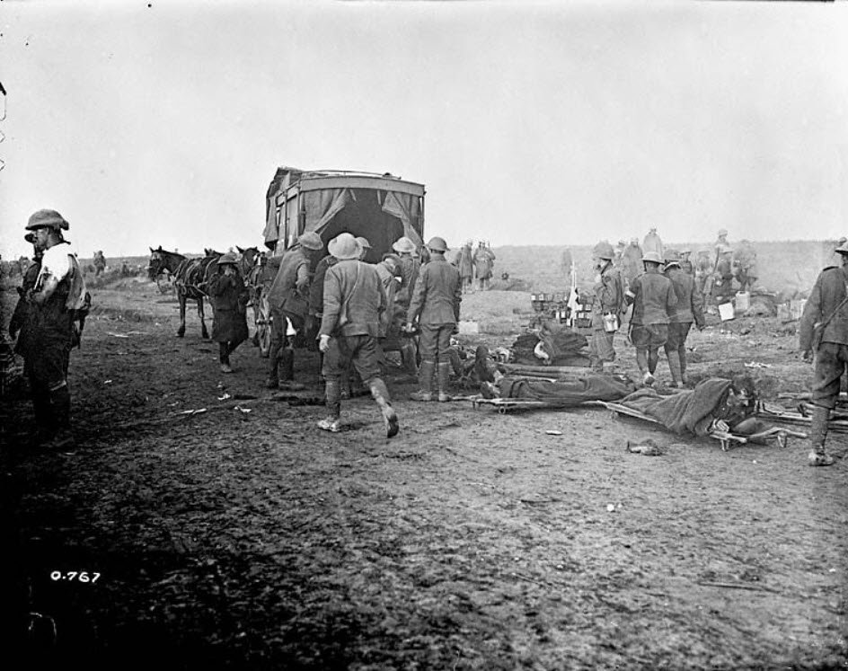 Horse-drawn ambulance collecting the wounded at advance dressing station close to the front, September 15, 1916