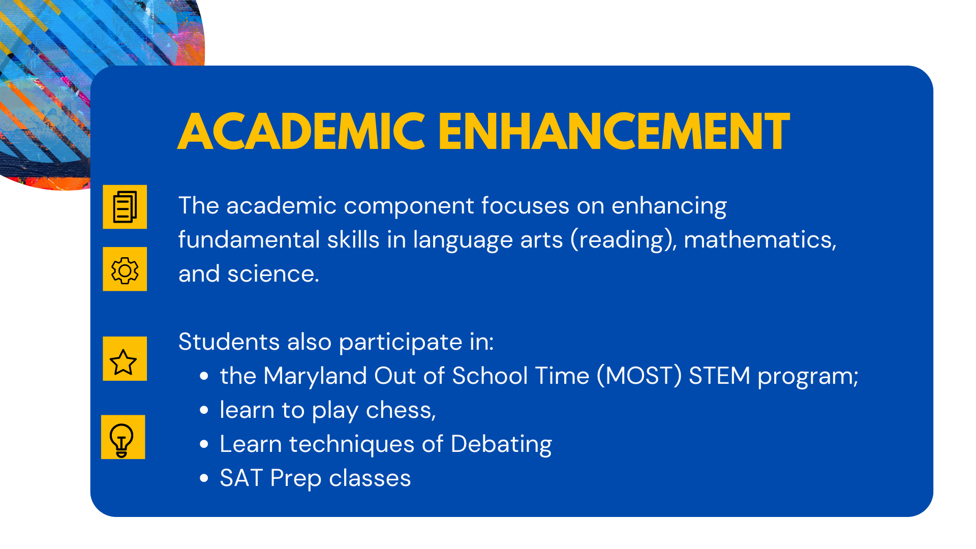 Blue infographic with yellow icons and bold yellow title 'Academic Enhancement'. The text explains how the academic component improves skills in language arts, mathematics, and science, and lists student activities such as the Maryland Out of School Time STEM program, chess, debating techniques, and SAT prep classes.