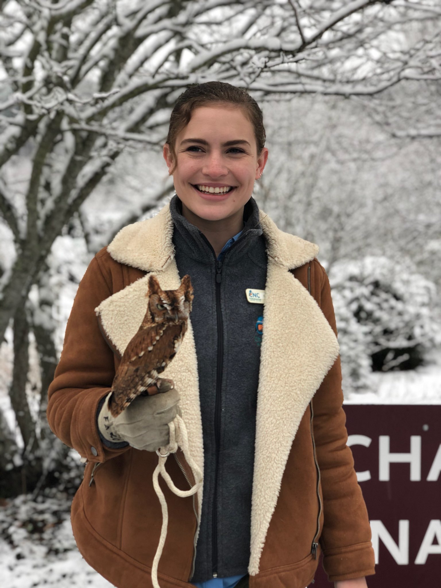 Naturalist & Artist, Sarah Bowser, teaching with an Eastern Screech-Owl ambassador animal in Atlanta, GA