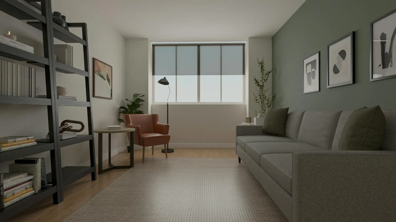 Living room with gray sofa, framed artwork on green wall, tall window, pink armchair, black floor lamp, bookshelf with books, small table with decor, beige rug, and plants.