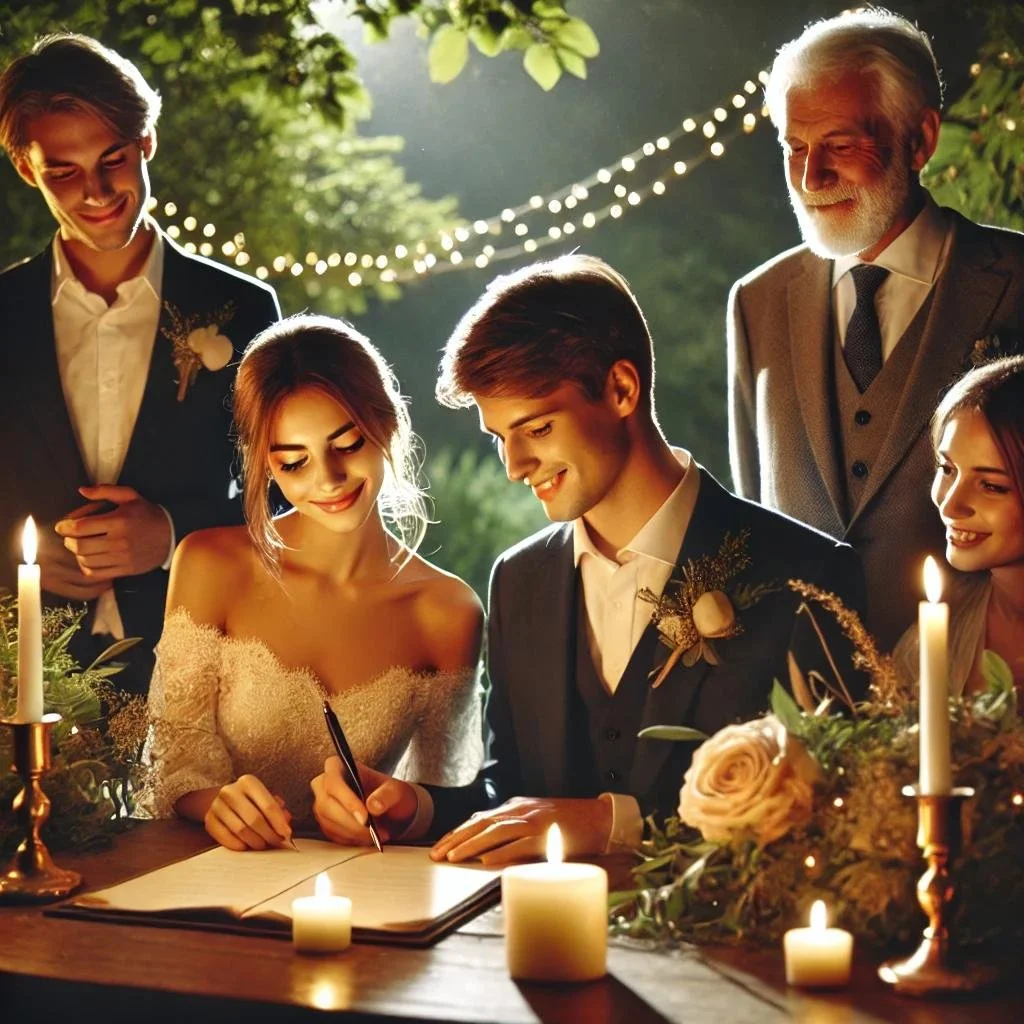 Young couple signing marriage documents with celebrant