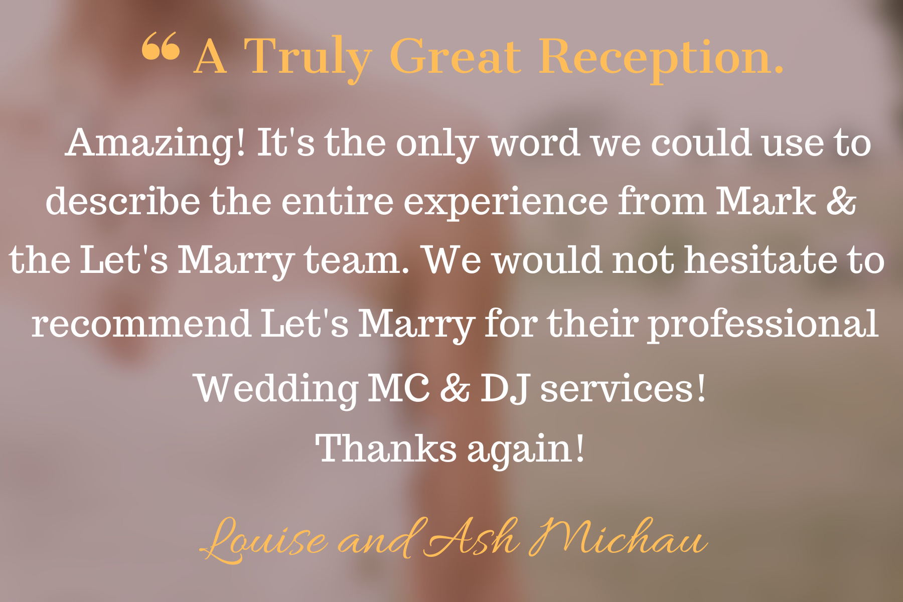A gratitude message for wedding MC and DJ services with a soft pink background and elegant text.
