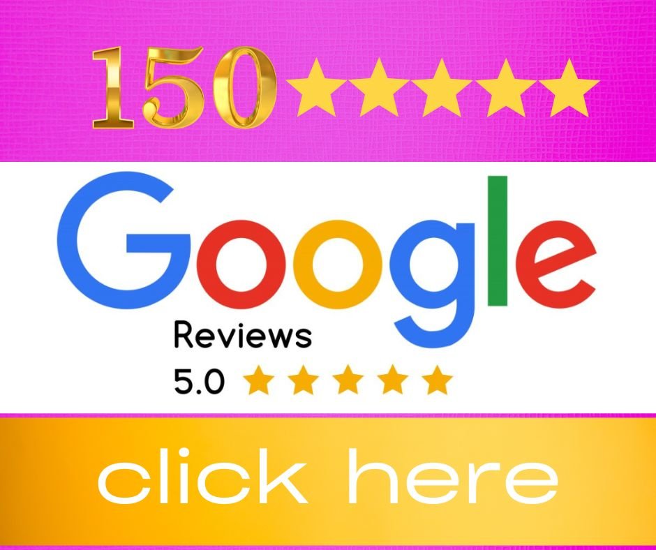Graphic advertising 150-star Google reviews with a bright pink, white, and yellow background, featuring large text and a click here button.