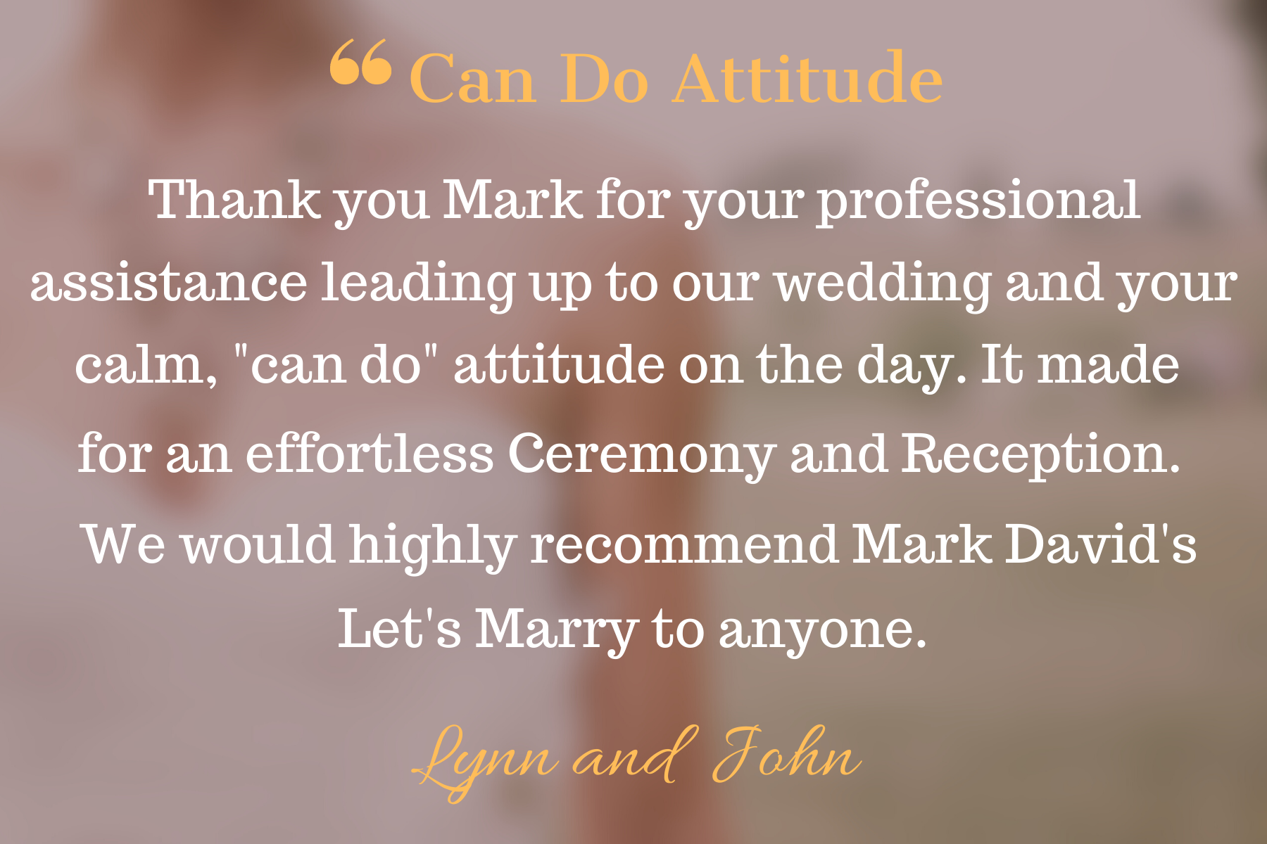 Wedding thank you note on a blurred floral background with orange and pink text.