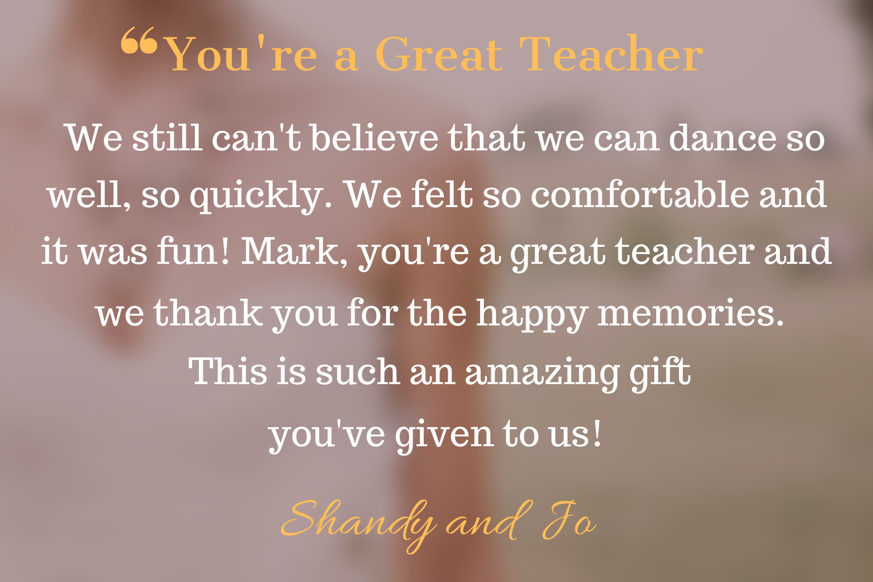 A heartfelt thank you message for a teacher on a soft, blurred background with pinkish hues.