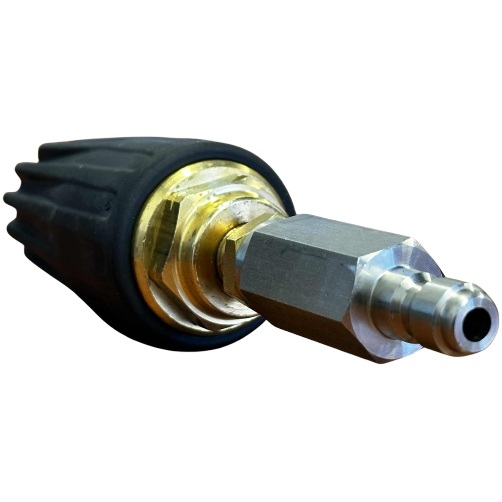 Close up view of the back of a black BE power equipment rotary turbo nozzle 4.0 for a pressure washer