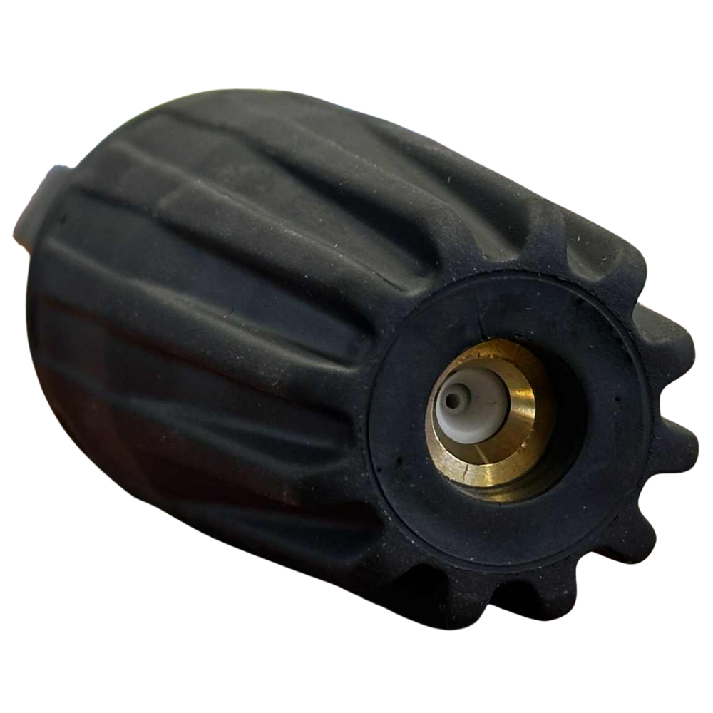 Close up view of the front of a black BE power equipment rotary turbo nozzle 4.0 for a pressure washer
