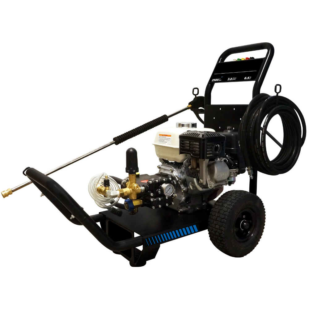Black Dynablast DC3250GHD cold water gas pressure washer with wheels, a hose, and a lance
