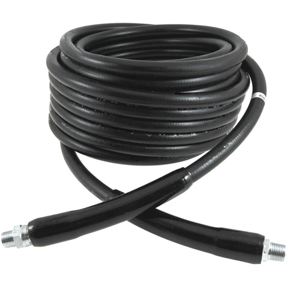 Black 50' long 3/8” pressure washer hose assembly wrapped in a coil