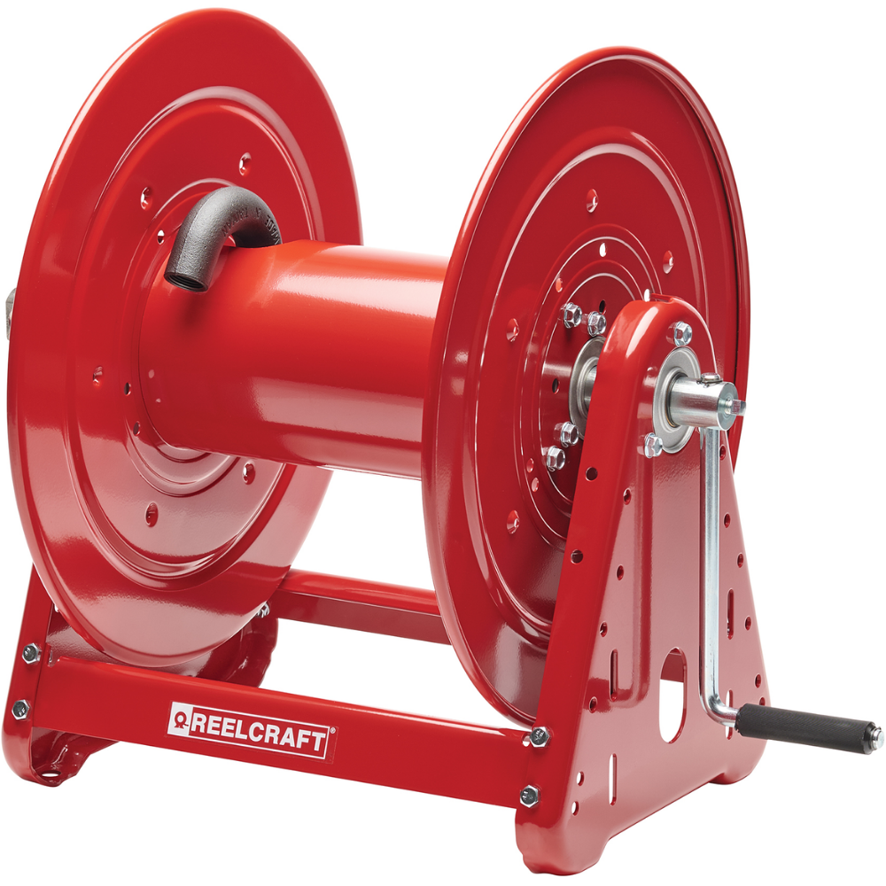 Red Reelcraft series 30000 CA38112 M steel manual rewind pressure wash hose reel with a hand crank