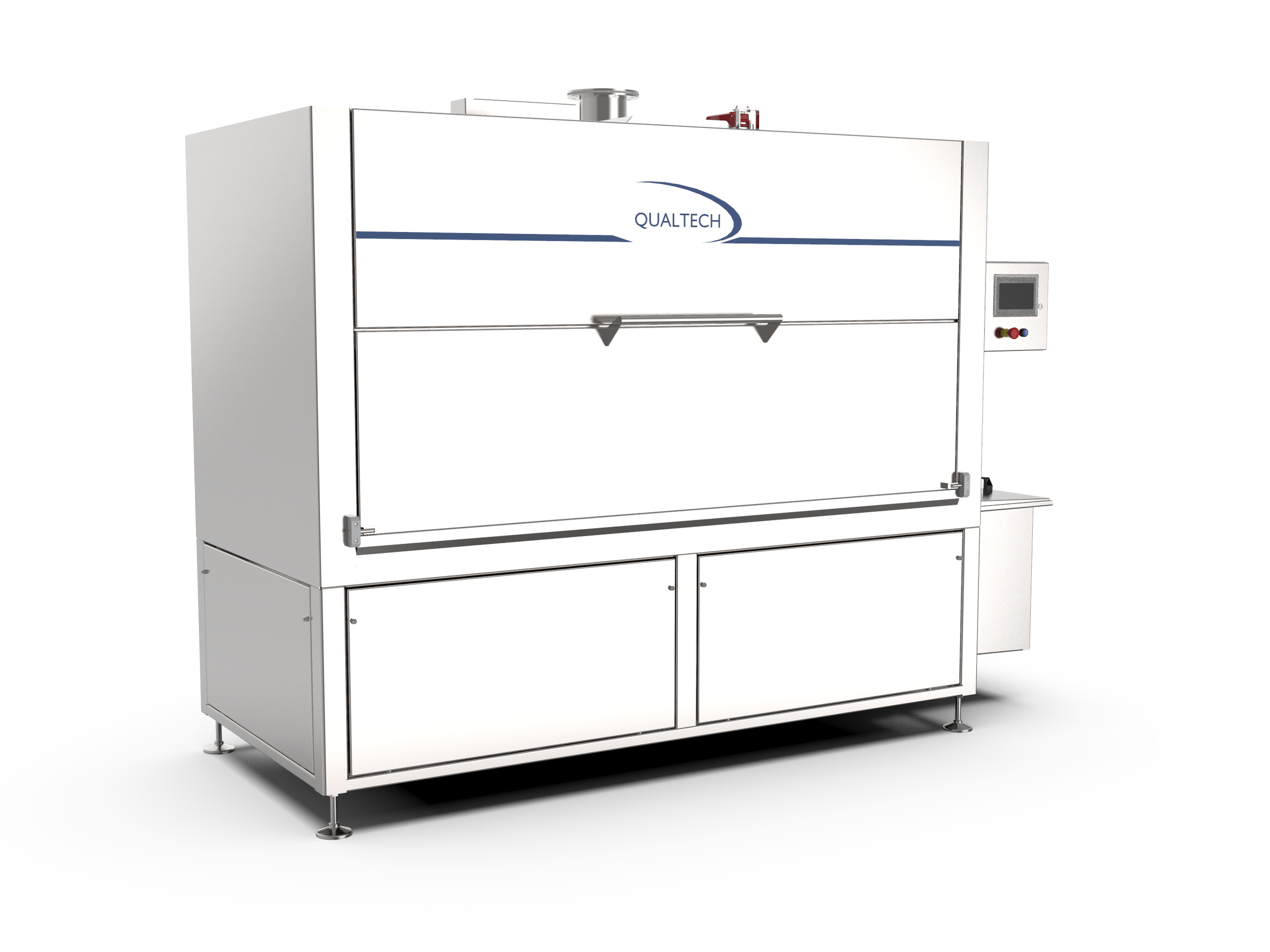 A Qualtech Front Load Cabinet Washer with a touch screen panel and the door closed.