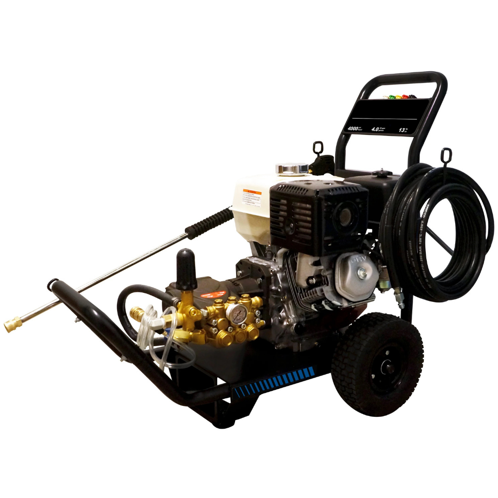 Black Dynablast DC4040GHD cold water gas pressure washer with wheels, a hose, and a lance