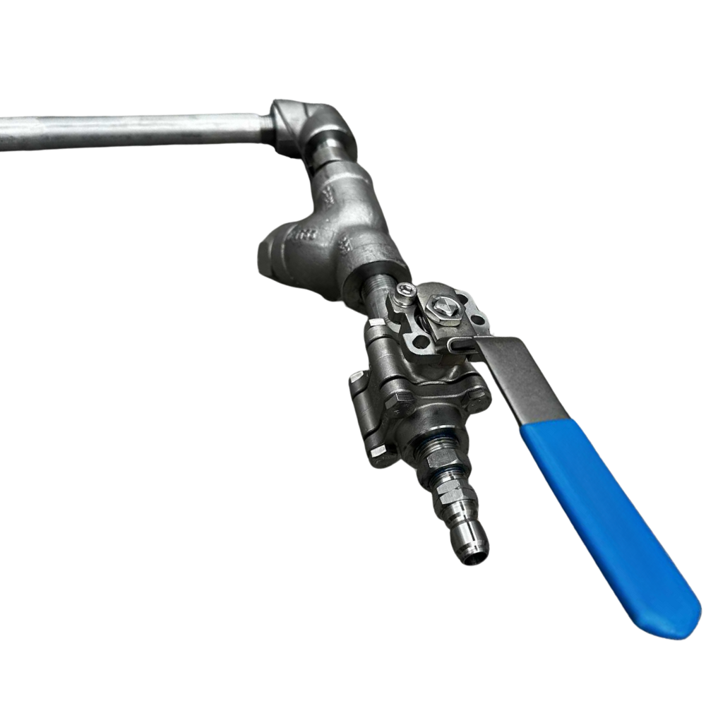 Close-up of a ball valve on a custom spray bar