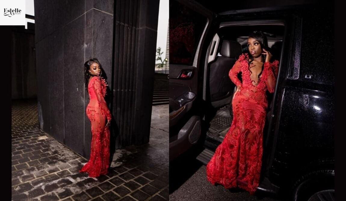 Red lace formal prom gown photographed outdoors and beside a vehicle, illustrating elegant prom dress etiquette and formal evening styling