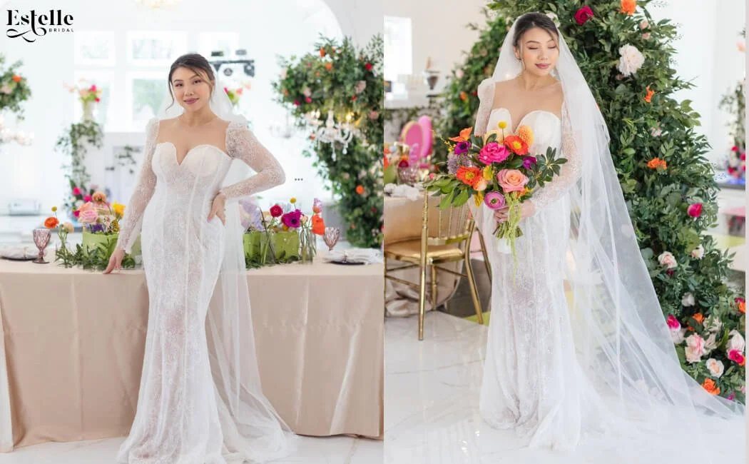 Ethereal wedding dress in white lace with sheer sleeves and flowing bridal veil photographed at Estelle Bridal