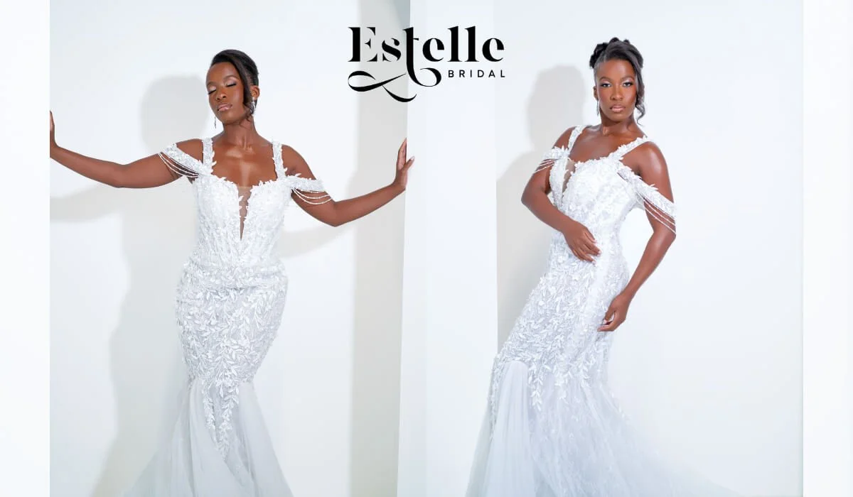 White embellished fishtail wedding dress with a fitted bodice and flared tulle skirt shown in two views at Estelle Bridal