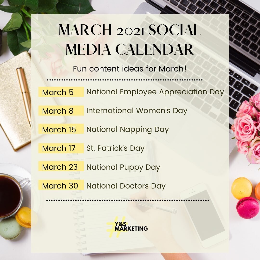 6 FUN CONTENT IDEAS TO ADD TO YOUR MARCH 2021 SOCIAL MEDIA CALENDAR!

New month, new content. If you like to plan out your monthly social media calendar, then use these fun national days to your list depending on your niche.

Do you need help creatin