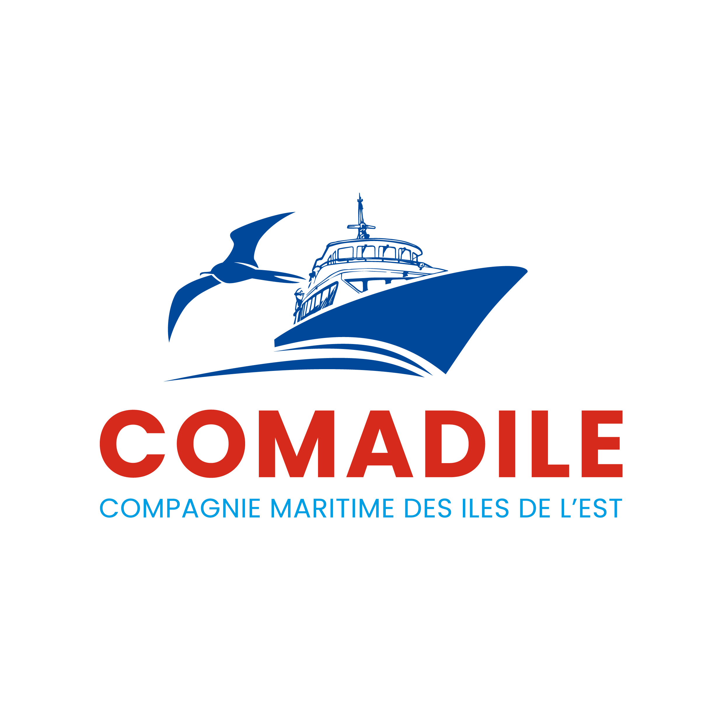 Logo de la compagnie maritime COMADILE avec un bateau et un oiseau, en noir, bleu et rouge.