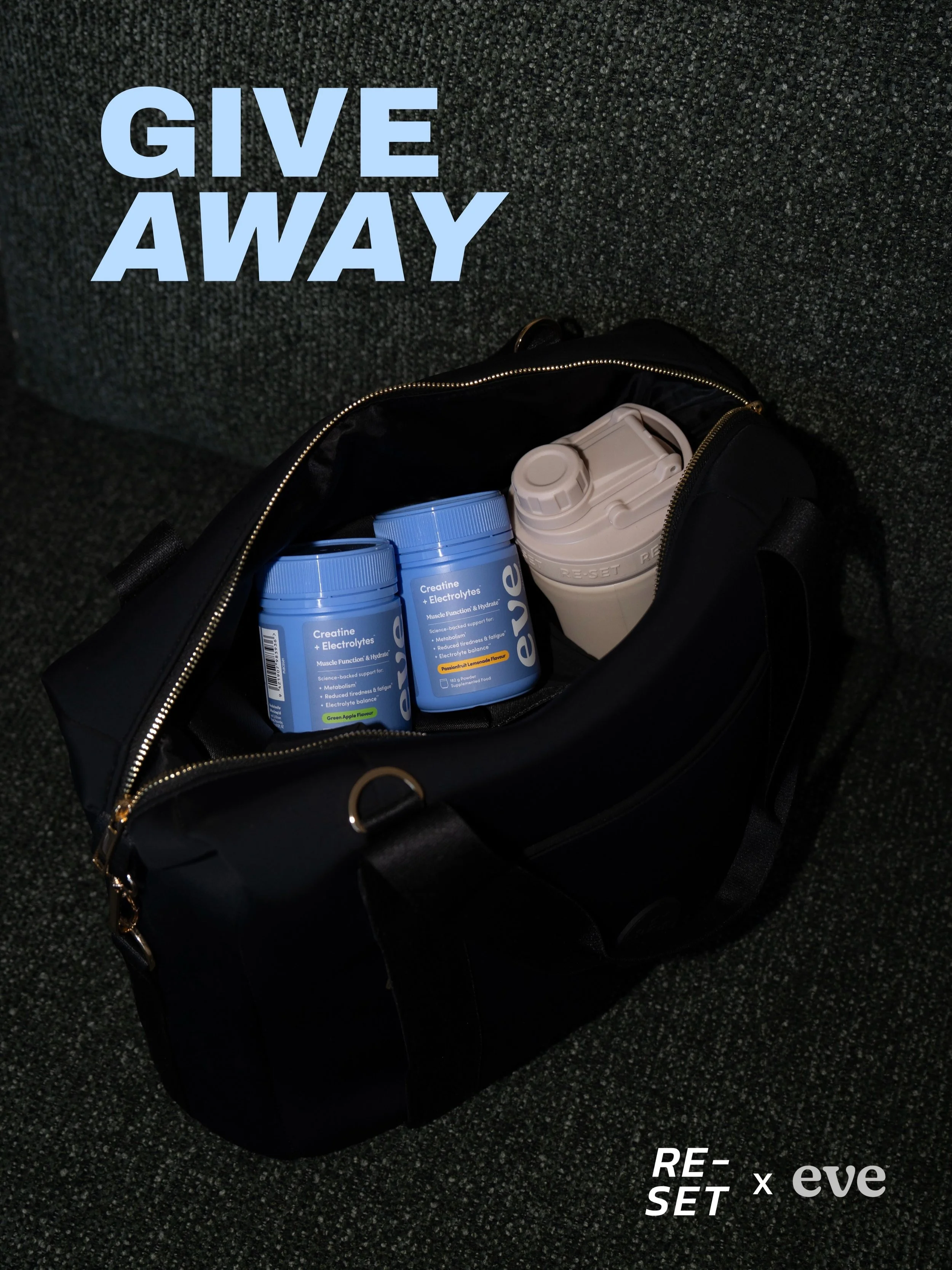 We created 2 of your new workout routine essentials. To celebrate our latest releases: the @resetcollective_ gym bag &amp; @evewellnessco_ creatine + electrolytes, we&rsquo;re giving away a workout essential prize pack to 1 lucky workout lover. 

Pri