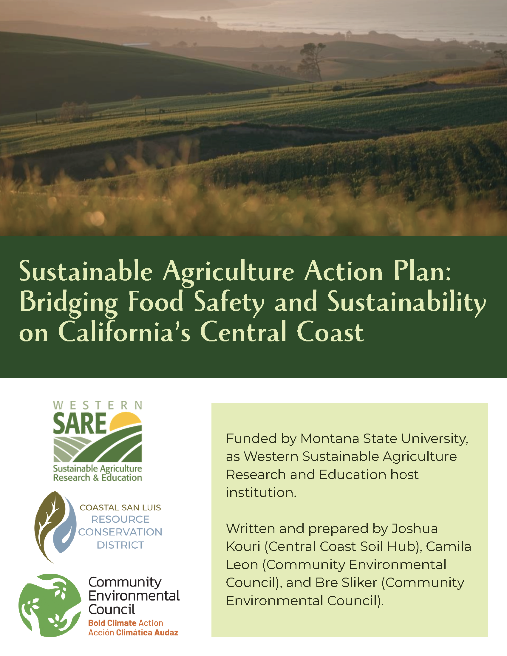 Cover of Sustainable Agriculture Action Plan with an image of a farmland, introductory text, and logos for WesternSARE, the Community Environmental Council, and Cachuma RCD