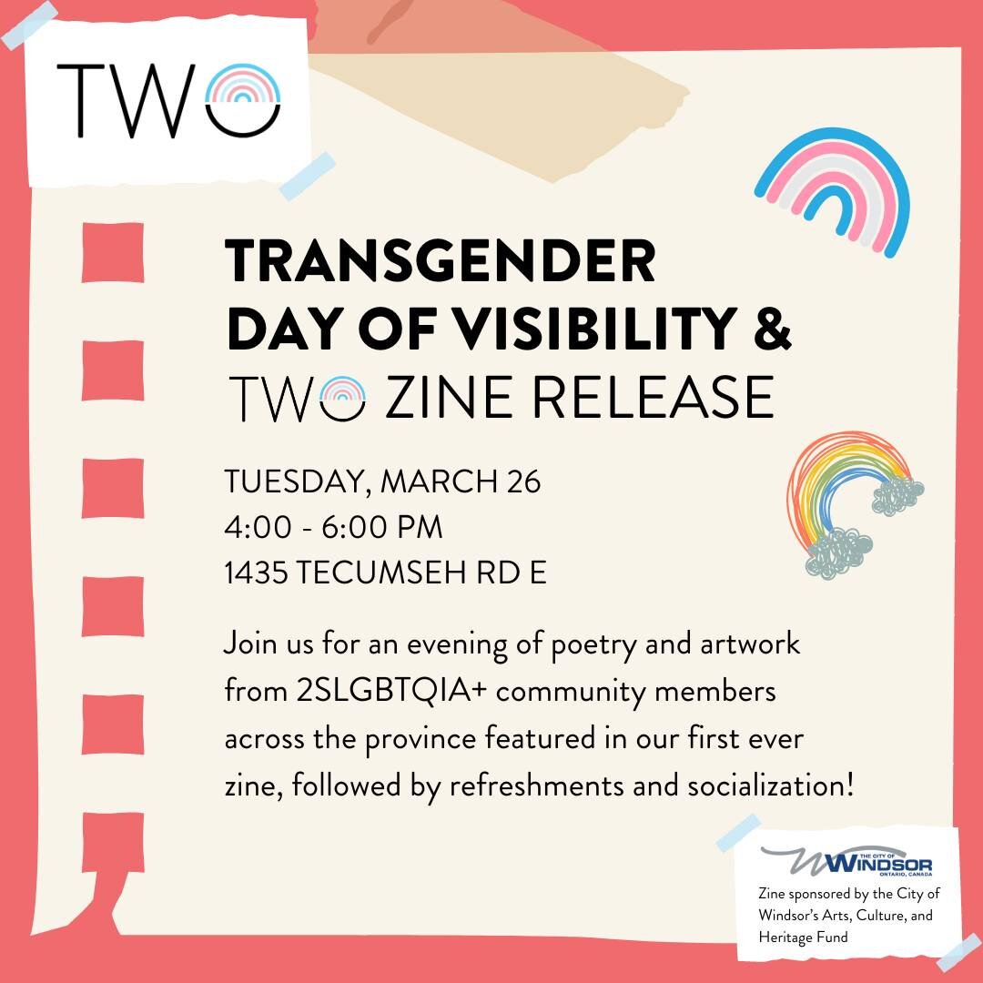Next Tuesday at 4:00 pm is our Trans Day of Visibility event where we will be releasing our first ever zine! Join us for an evening of poetry and artwork from 2SLGBTQIA+ community members across the province, followed by refreshments and socializatio