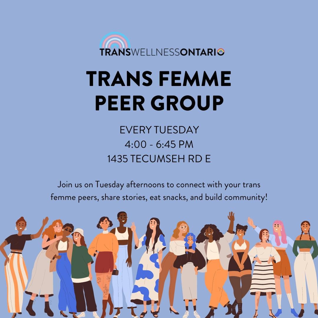 Our Trans Femme Peer Group is now starting at 4:00 pm and ending at 6:45 pm! We hope to see you there! 🤩