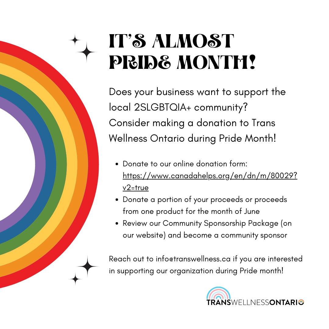 Does your business want to support the local 2SLGBTQIA+ community? 
Consider making a donation to Trans Wellness Ontario during Pride Month!🏳️&zwj;🌈🏳️&zwj;⚧️

⭐️Donate to our online donation form: https://www.canadahelps.org/en/dn/m/80029?v2=true
