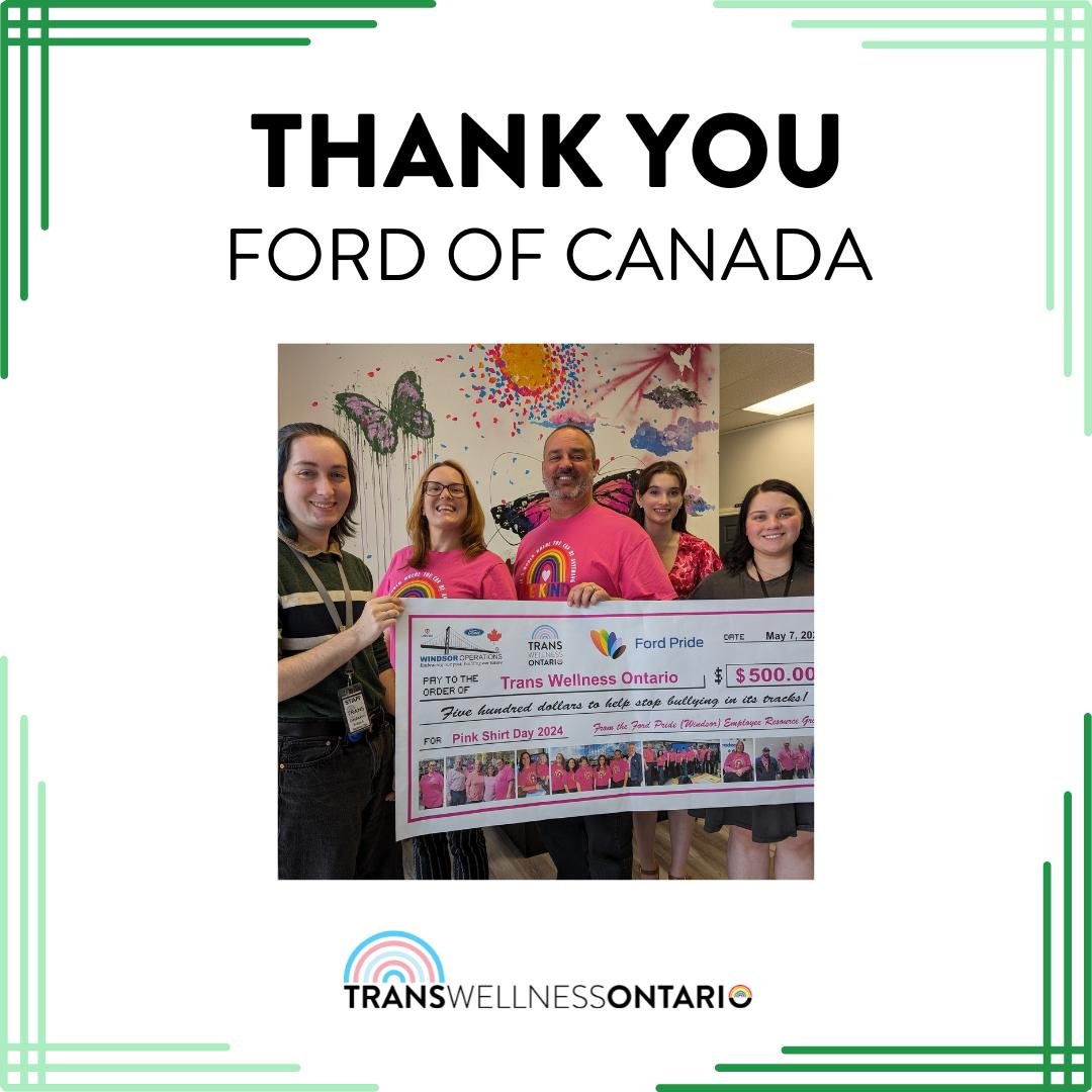 Thank you Ford of Canada (motor company) Pride ERG for your generous donation from the sales of your anti-bullying shirts! 🏳️&zwj;🌈🏳️&zwj;⚧️
