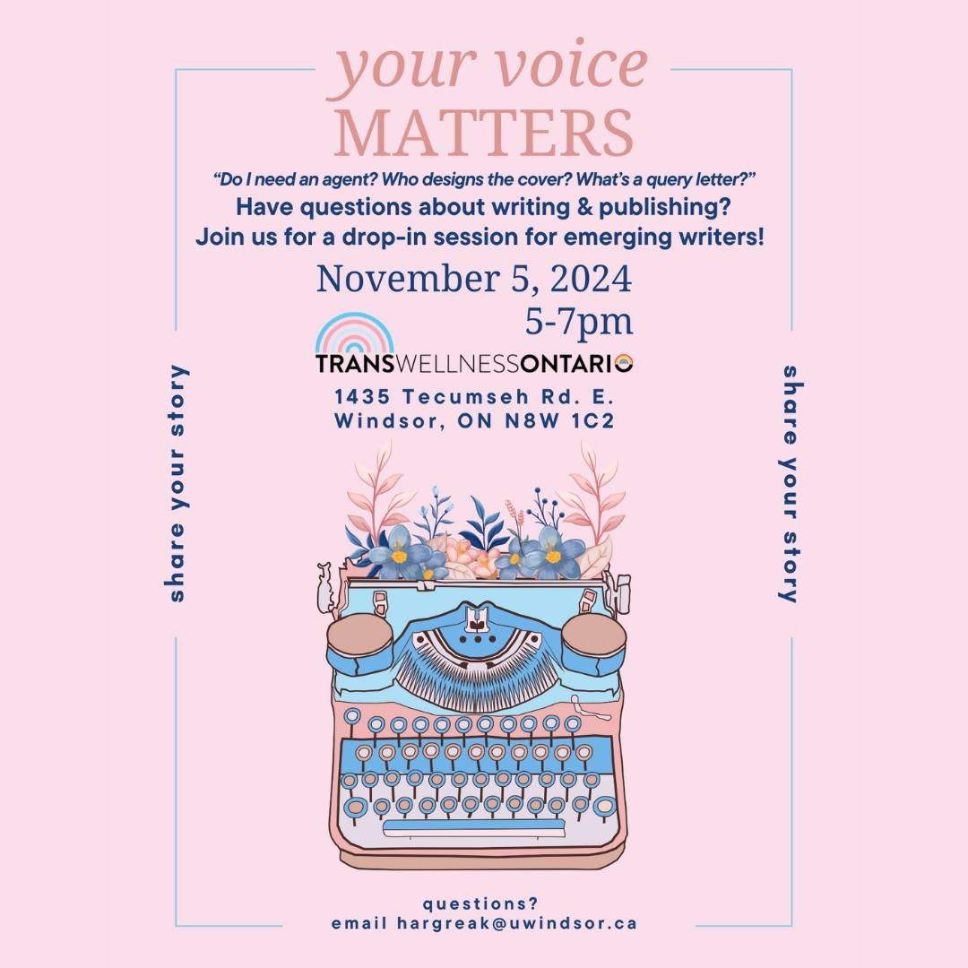 Have questions about writing and publishing? Join us on November 5 from 5:00 - 7:00 pm for a drop-in session for emerging writers! 🖋📖

Email hargreak@uwindsor.ca with any questions