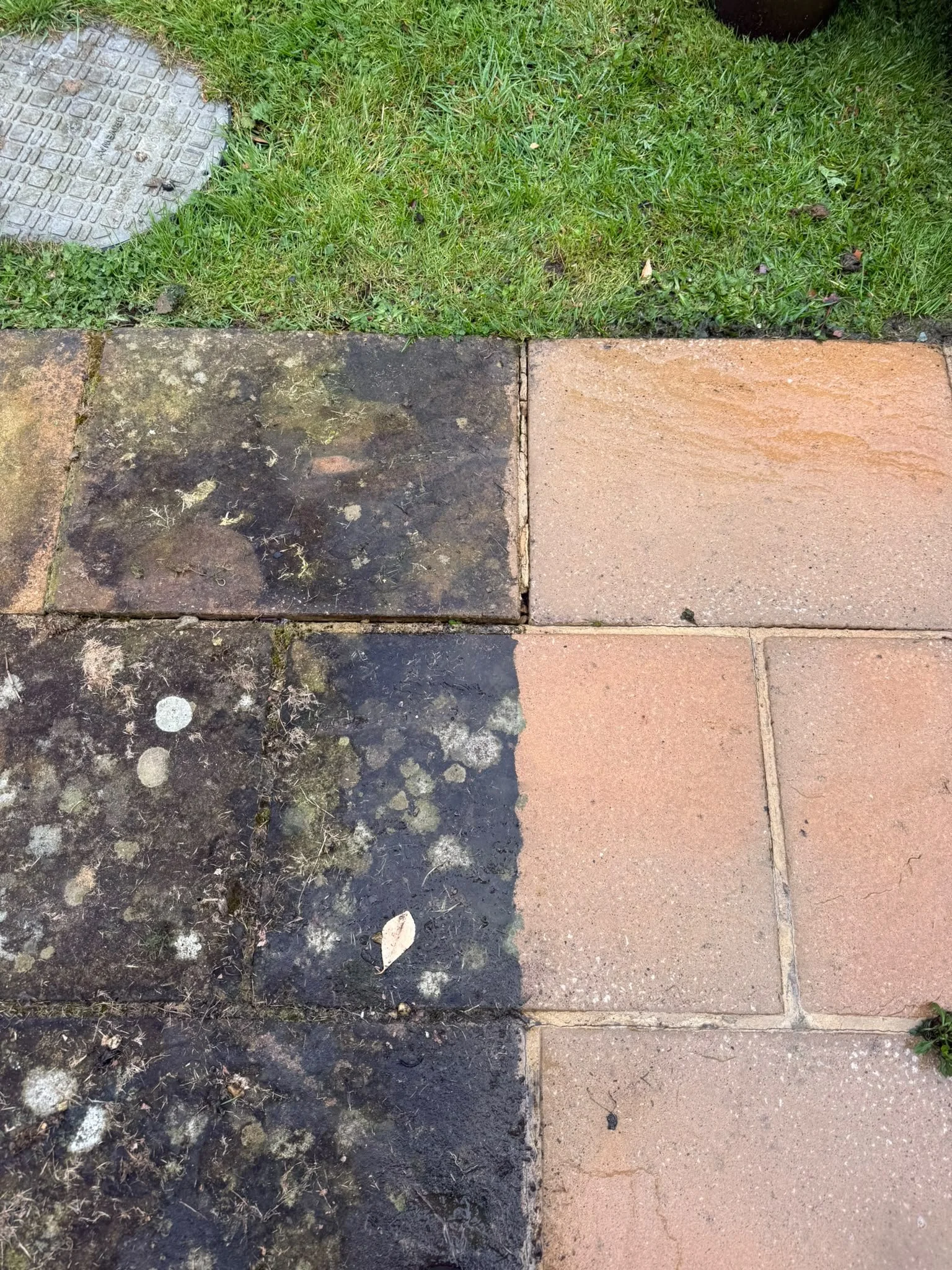 Comparison of two sections of sidewalk, one dirty and mossy on the left, and clean and new on the right, with grass and a utility cover in the background.