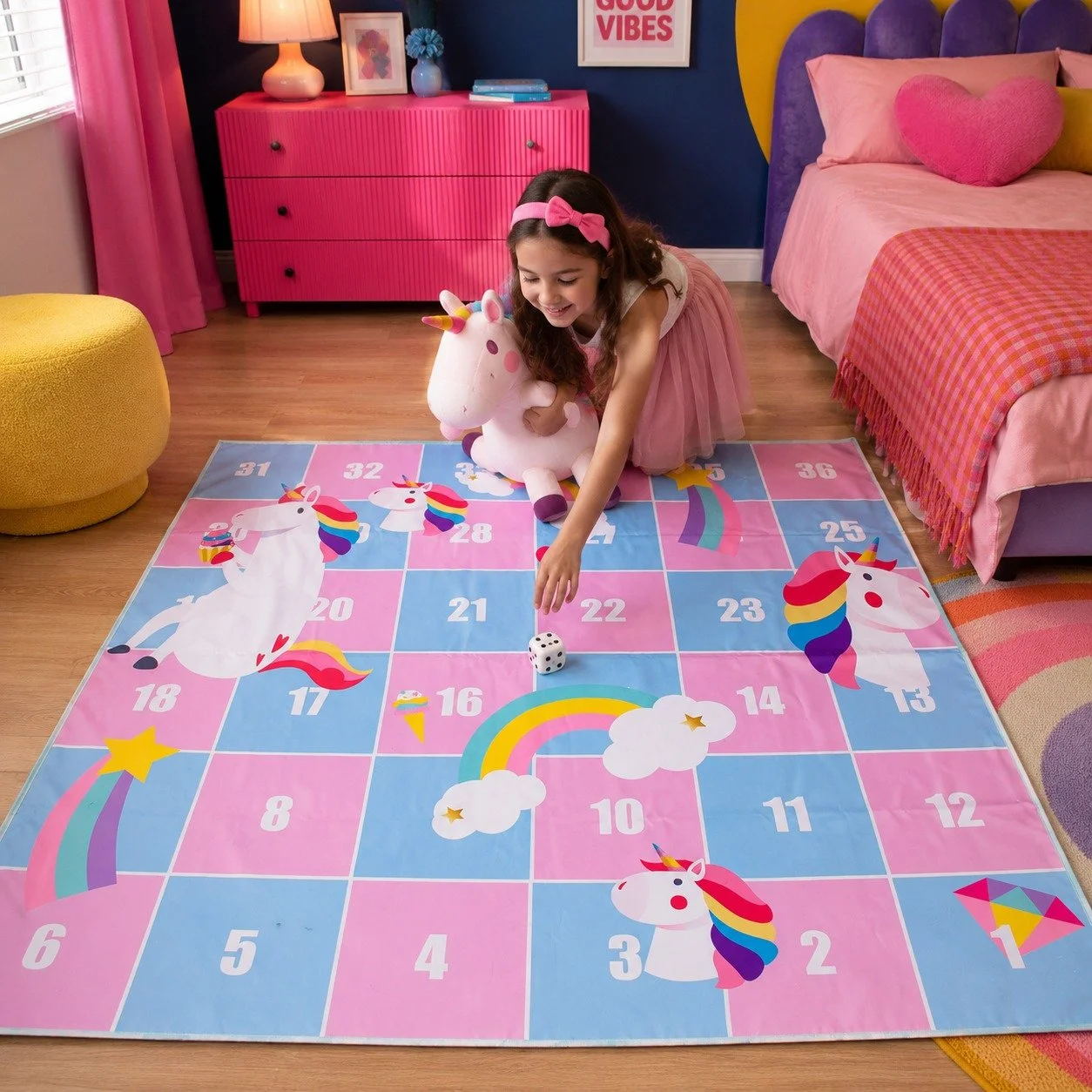 For all the little dreamers, single children, or quiet afternoon players&hellip; our giant unicorn board game becomes even more magical when played with their favorite fluffy friends 🦄🎲
A puppet, a teddy, a unicorn bestie &mdash; every toy becomes 