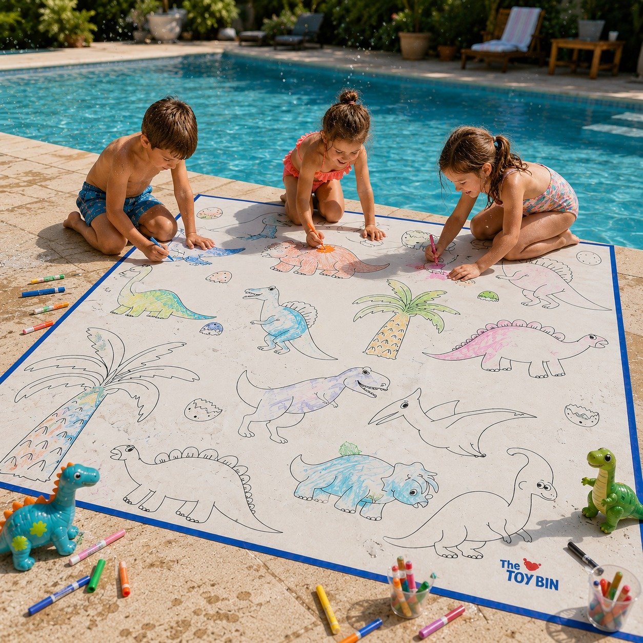 What happens when you combine summer fun, colorful markers, a giant 145x145cm dinosaur drawing mat, and your creative kids? #iamthetoybin #carryingJOY