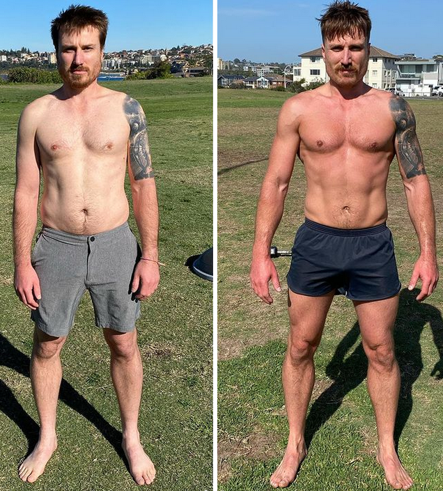 Before and after comparison photo of a FP Sydney client who had poor posture and chronic back pain. In the after photo with a front view we see improved posture, muscle gain and decompressed front line